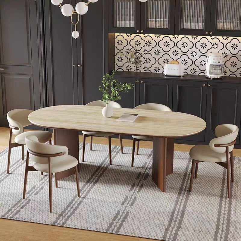 High quality Modern wholesale rock dining table and chair set for Restaurants oval marble table with solid walnut wood legs