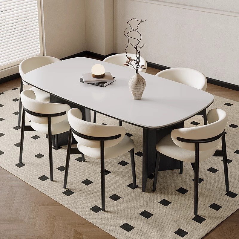 High quality Modern wholesale rock dining table and chair set for Restaurants oval marble table with solid walnut wood legs