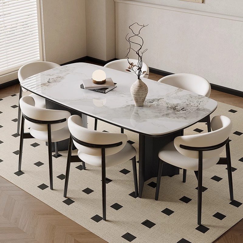 High quality Modern wholesale rock dining table and chair set for Restaurants oval marble table with solid walnut wood legs