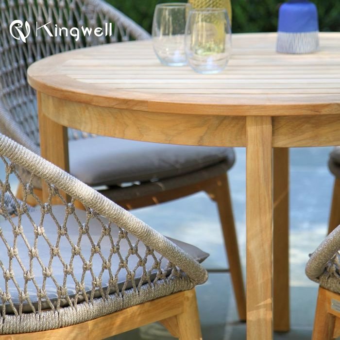 Garden Restaurant Solid Wood Dining Furniture Set Teak Outdoor Dining Table And Rope Woven Chairs Set With 4 Seat