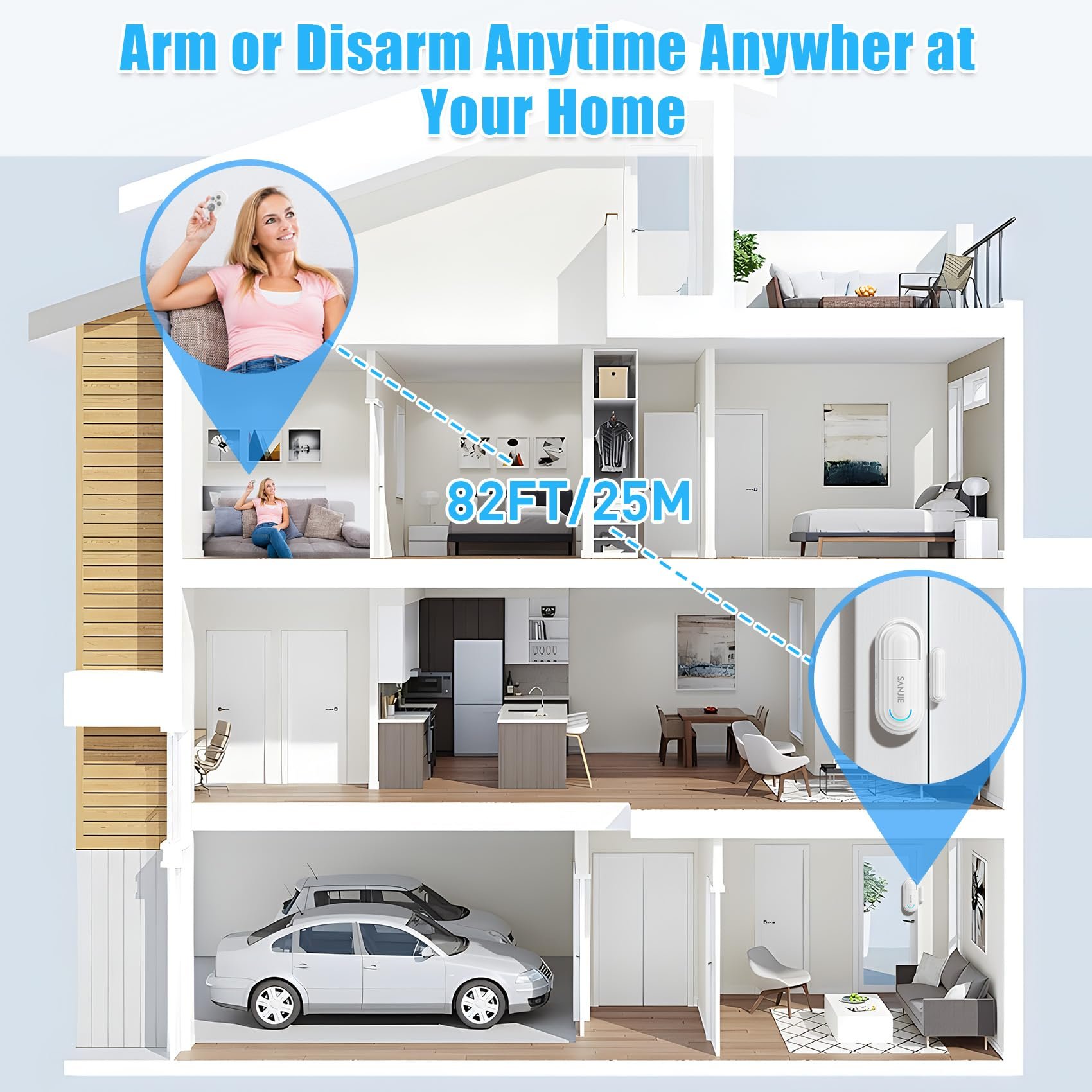 SanJie Home Security Wireless Door Alarm System Loud 0-120 DB Volume Adjustable 4 Modes Remote Sensing Kid Dementia Patient