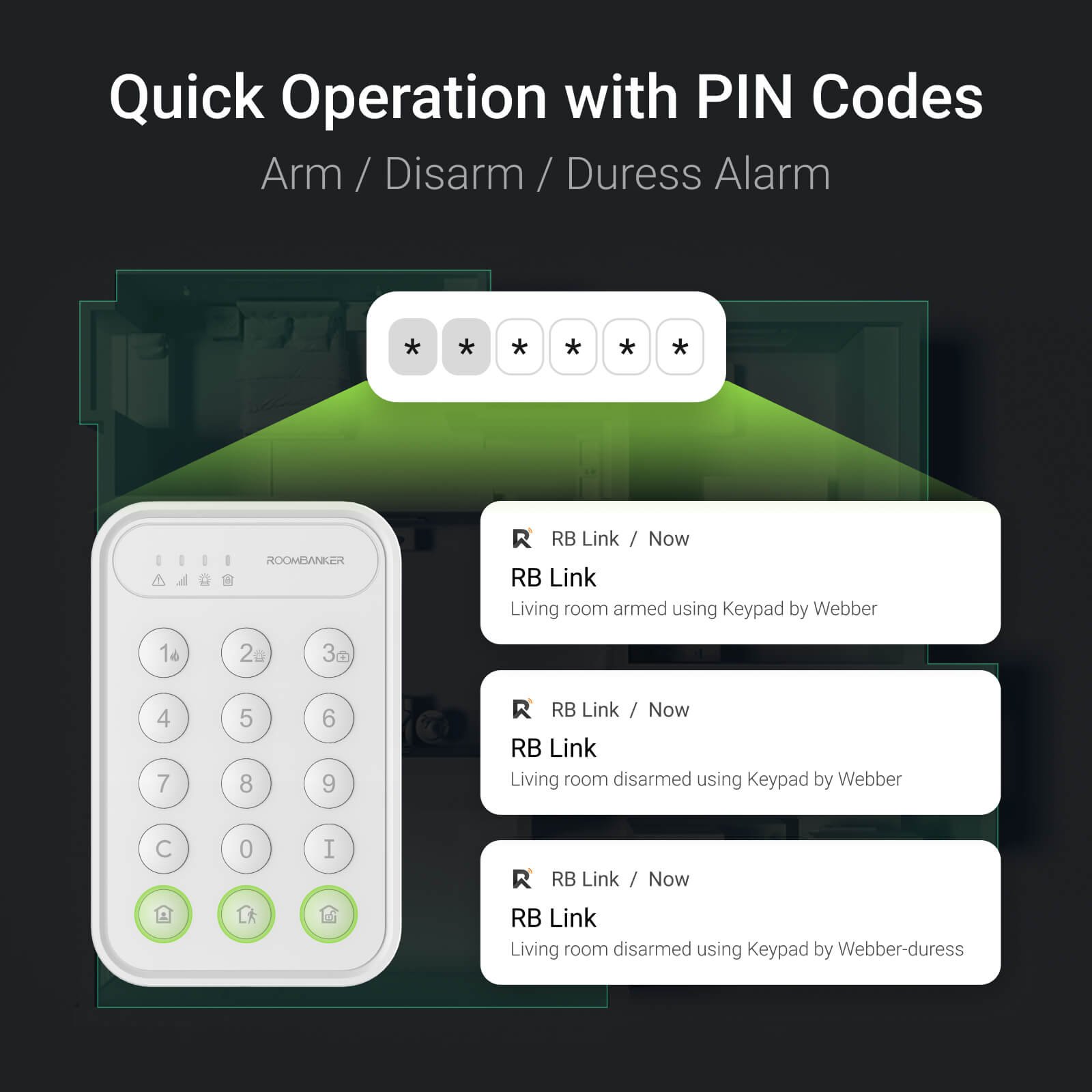 Roombanker Arm/Disarm 868 mhz Alarm Keypad 15 Buttons Simple to setup and use Up to 5 years lifespan
