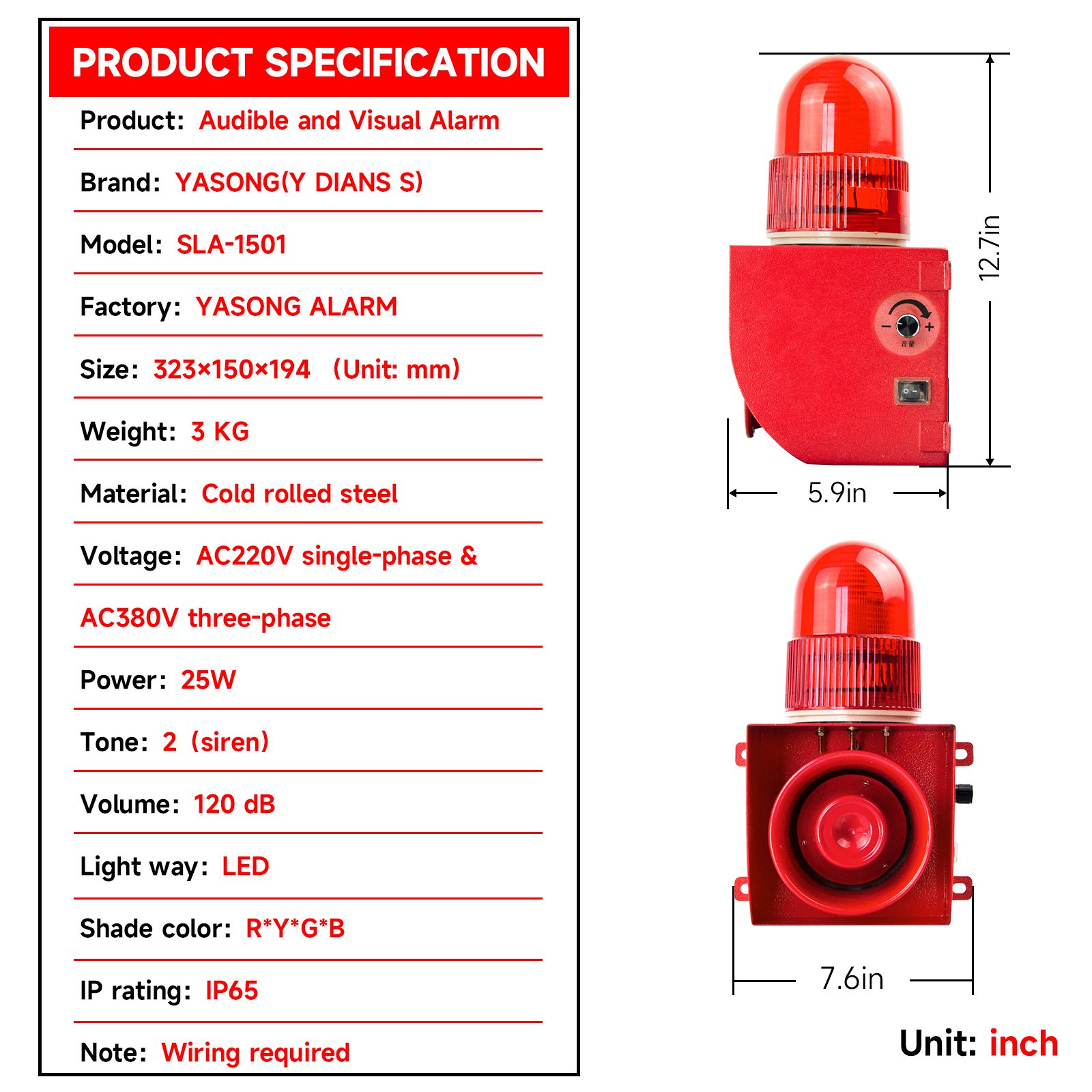 YASONG Adjustable Sound 120dB Alarm Siren Power Outage/Recovered Security System for Farms Fish Ponds Banks-SLA-1501