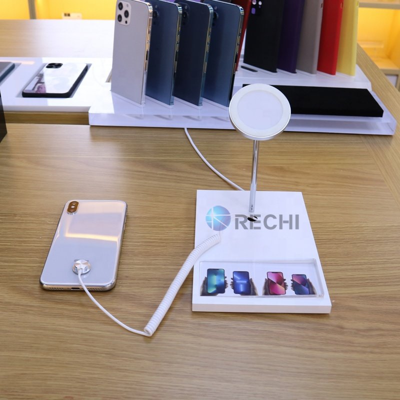 RECHI New Design Mobile Phone Security Alarm System Standalone With Wireless Charger Anti-theft Display Secure Alarm Holder