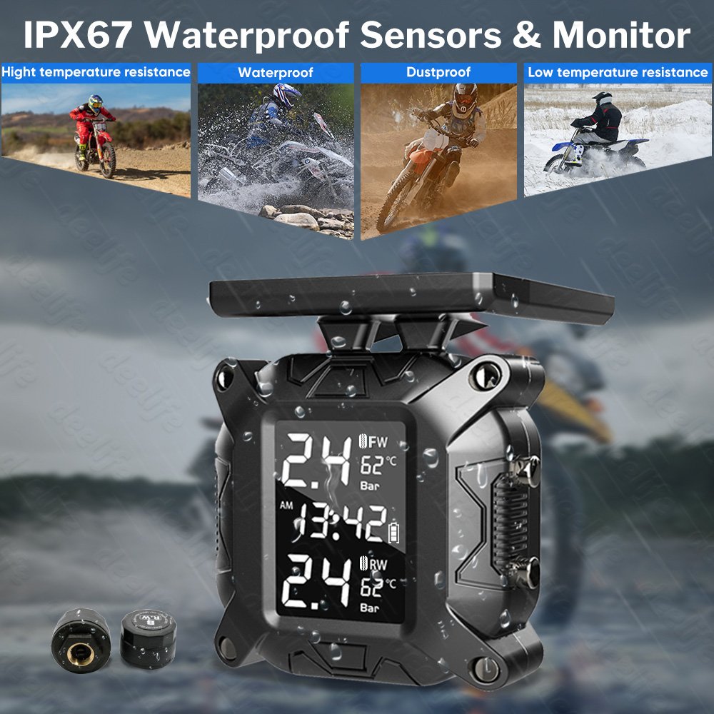 Solar Charging Wireless Motorcycle TPMS Motor Tire Pressure Tyre Temperature Monitoring Alarm System With 2 External Sensors