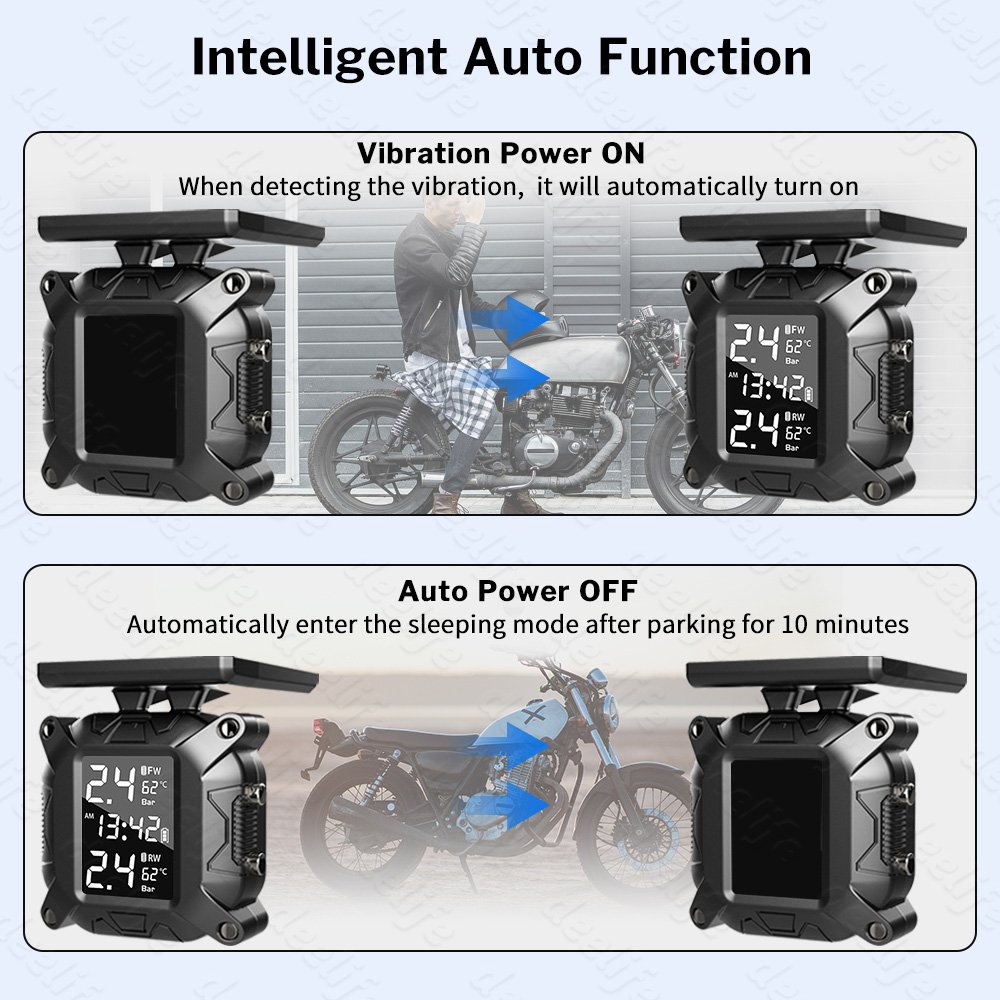 Solar Charging Wireless Motorcycle TPMS Motor Tire Pressure Tyre Temperature Monitoring Alarm System With 2 External Sensors