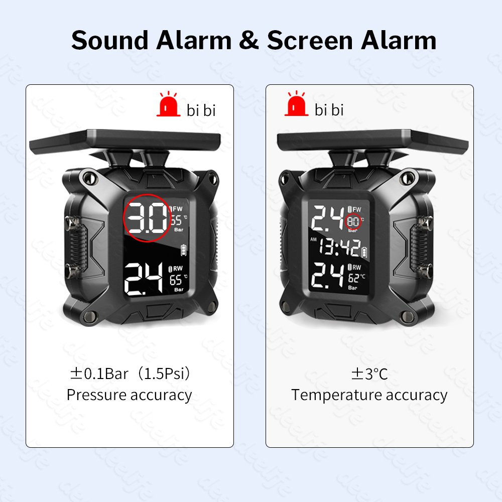 Solar Charging Wireless Motorcycle TPMS Motor Tire Pressure Tyre Temperature Monitoring Alarm System With 2 External Sensors