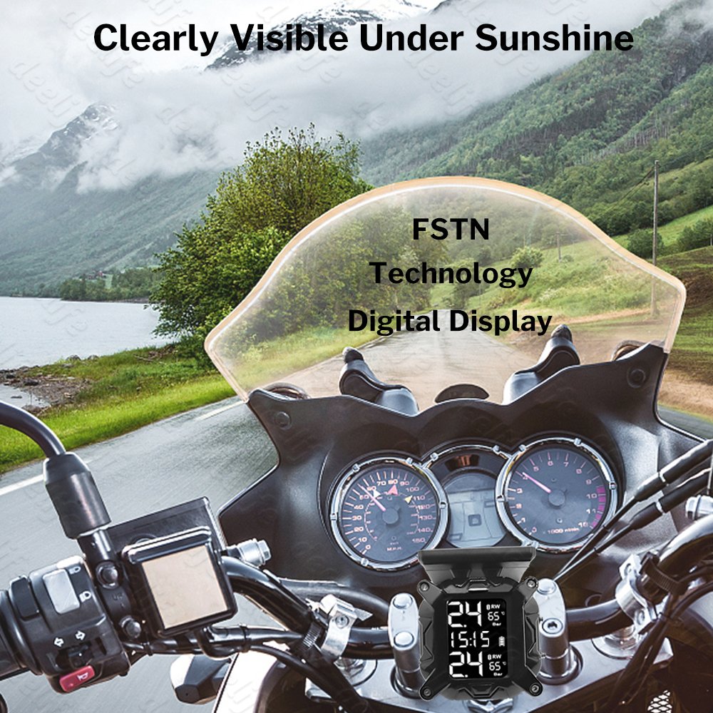 Solar Charging Wireless Motorcycle TPMS Motor Tire Pressure Tyre Temperature Monitoring Alarm System With 2 External Sensors