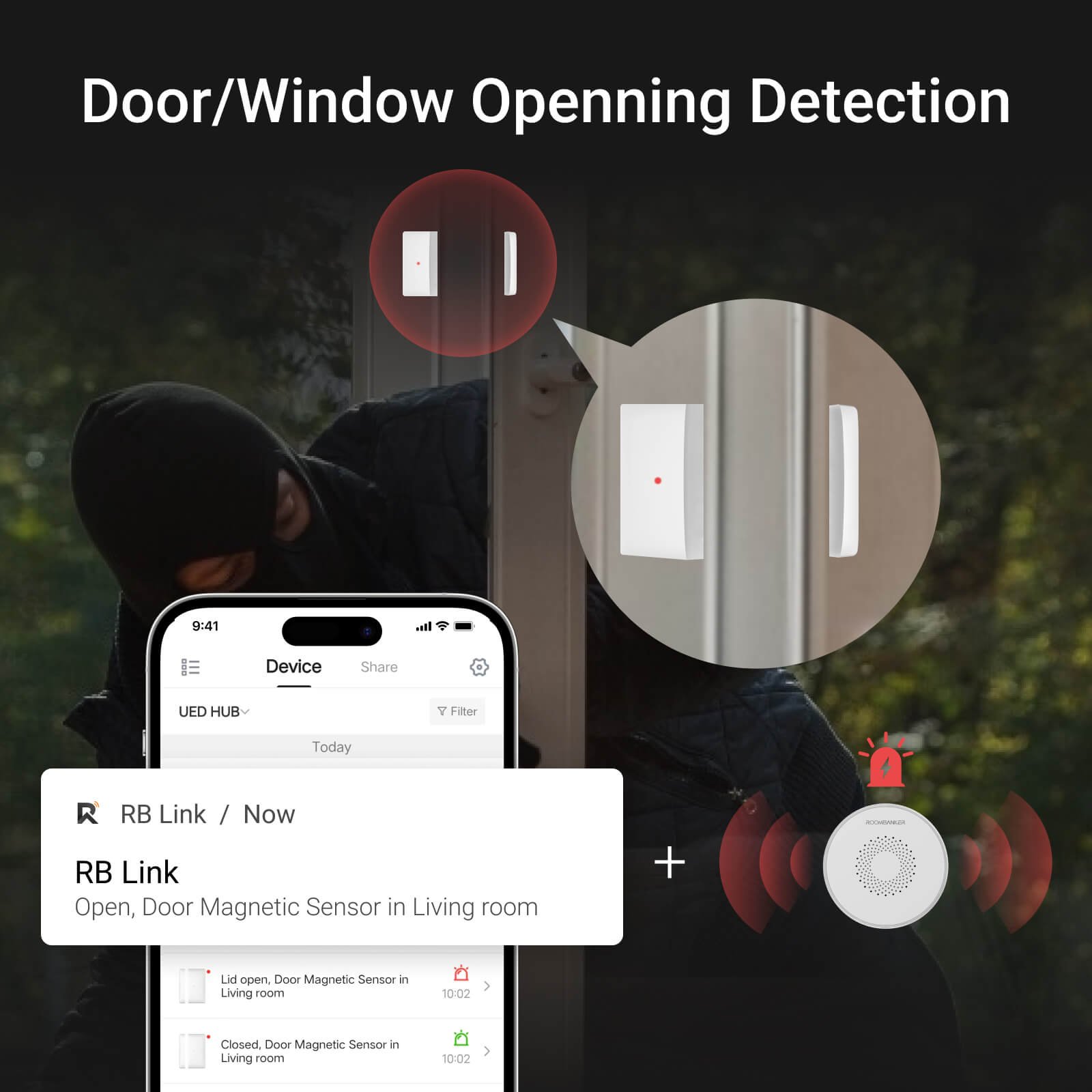 Roombanker Magntic Door Alarm Sensor for Wireless Security Systems Door and Windows alarm with Free App