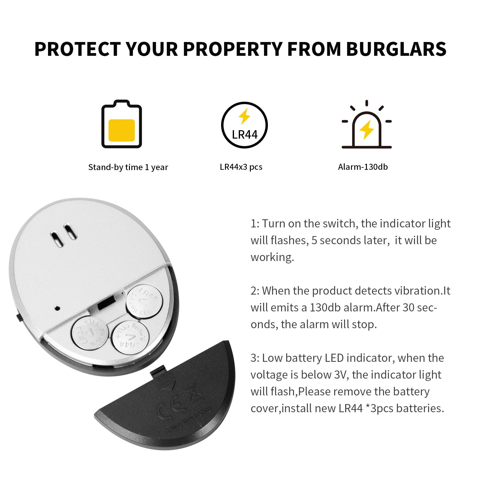 130dB House smart window and door alarm sensor home security hotel shop high decibel vibration induction for anti theft