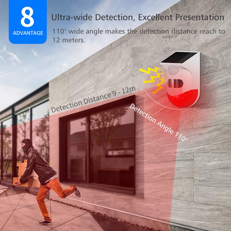 Outdoor WIFI Tuya Wireless Solar Motion Detector Remote Control Alarm Siren with Strobe Light