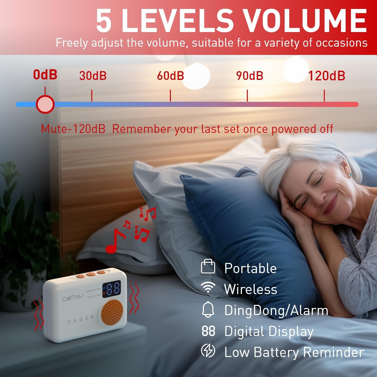 CallTou 120dB Vibration Digital Display Low Battery Remind Wireless Caregiver Pager Motion Sensor Detector Alert Bed for Elderly