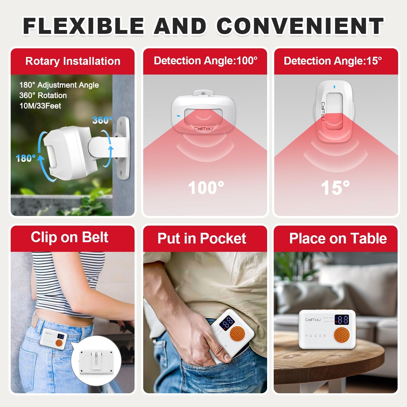 CallTou 120dB Vibration Digital Display Low Battery Remind Wireless Caregiver Pager Motion Sensor Detector Alert Bed for Elderly