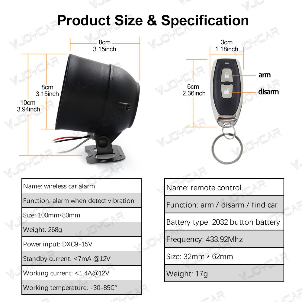 Vjoycar Wireless Smart Car Alarm System for Universal Vehicles with Shock Sensor 9-15V DC Power DIYV5 Easy Installation