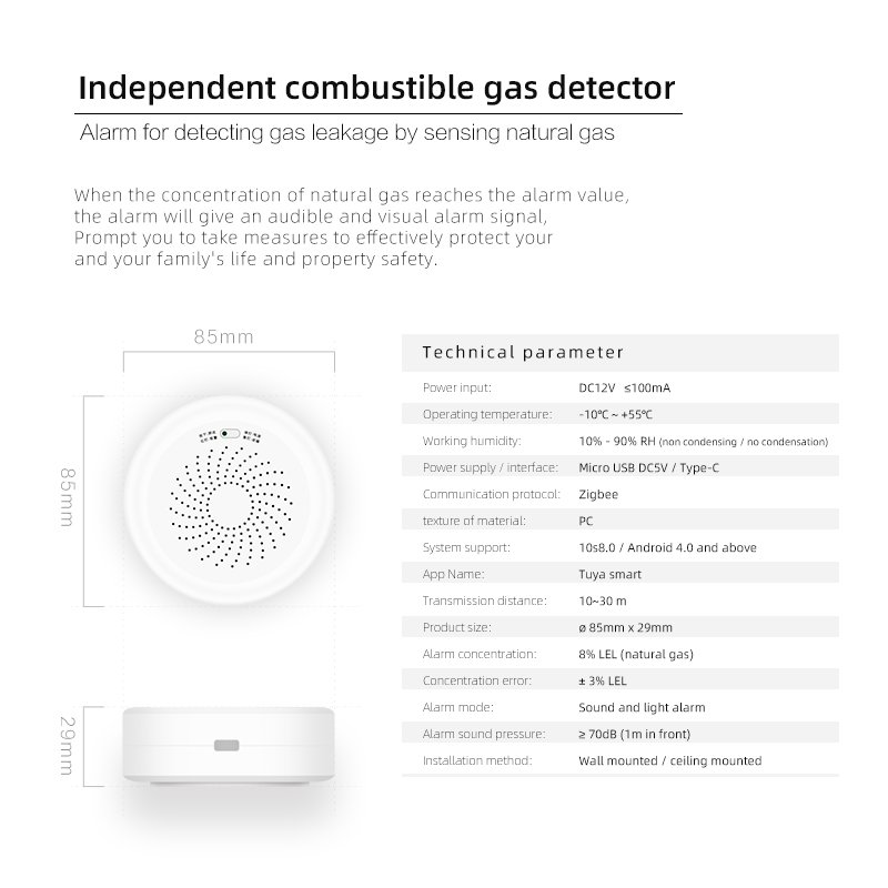 Manufacture nature gas leak detector alarm Tuya Zigbee communication smart system gas leakage link smart home