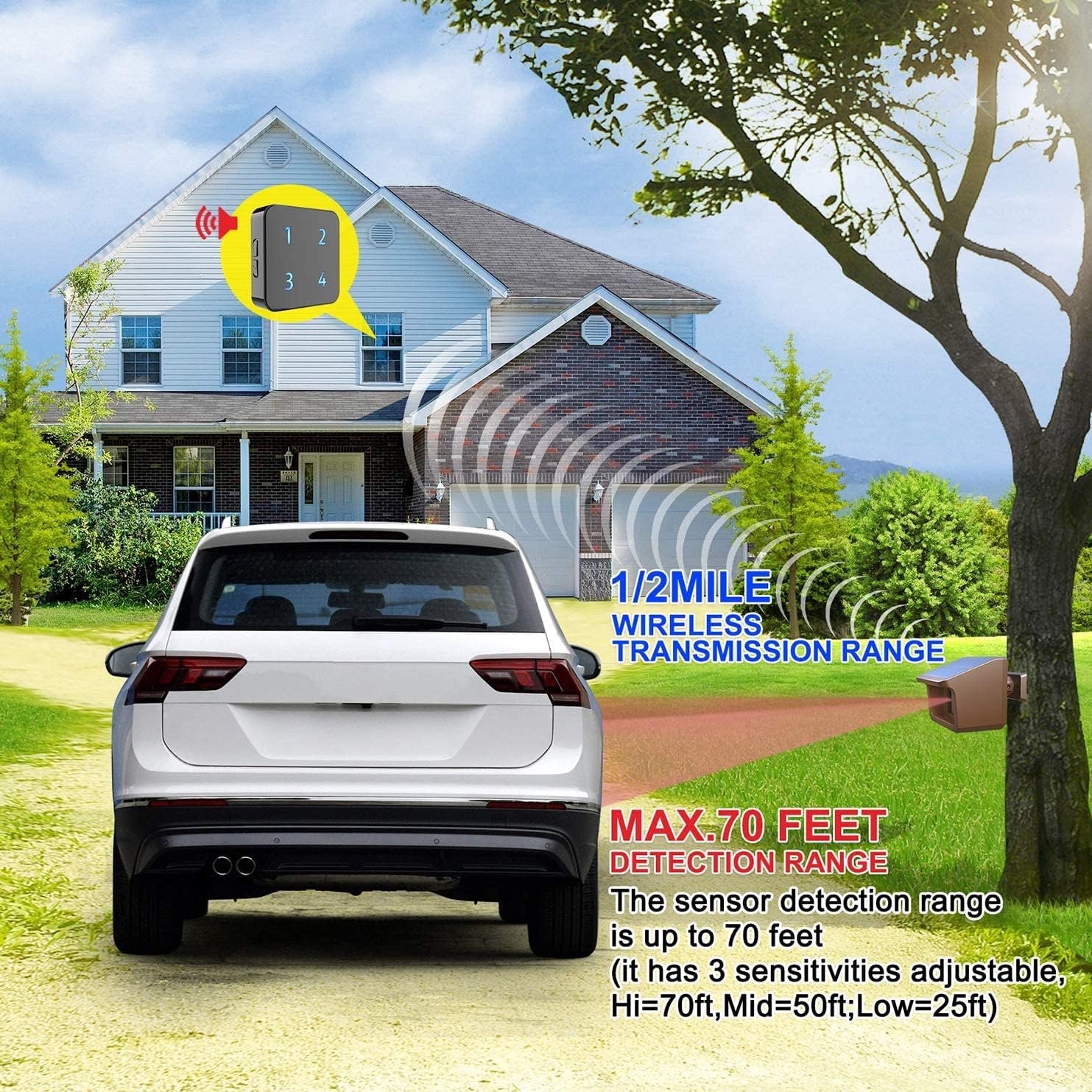 Driveway Alarm System 1/2 Mile Solar Driveway Alarm System with Up to 70FT Wide Sensor Range - DIY Security Alert System