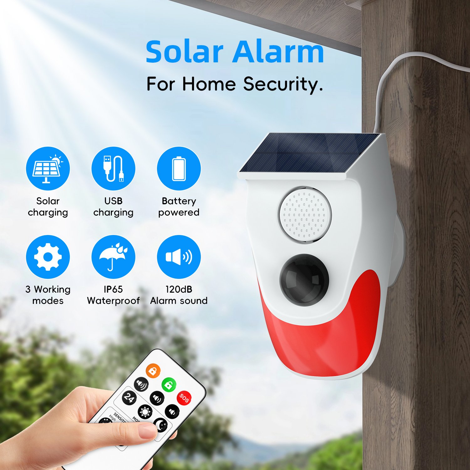 Outdoor Solar PIR Infrared Alarm 120dB Siren Home Security Alarm System USB charging Waterproof Siren Remote Control