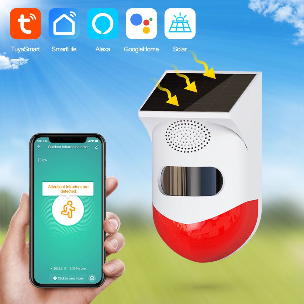 Remote Control Tuya Smart WiFi Infrared Motion Alarm Detector Waterproof Solar Outdoor PIR Strobe Siren Sound Sensor PST-CT80WR