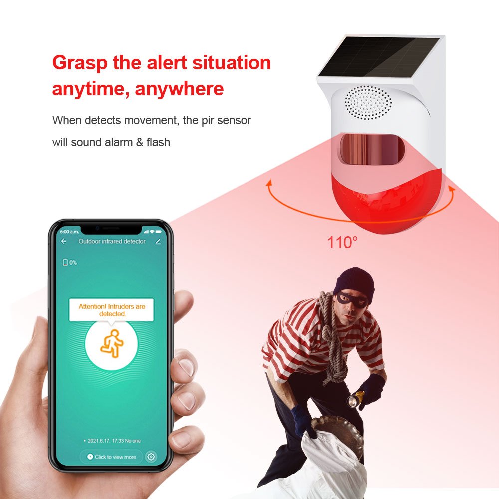 Remote Control Tuya Smart WiFi Infrared Motion Alarm Detector Waterproof Solar Outdoor PIR Strobe Siren Sound Sensor PST-CT80WR