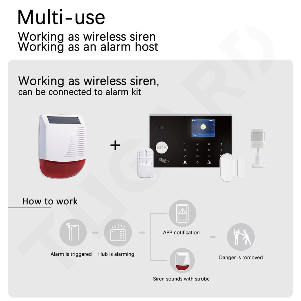 433mhz Strobe Solar Siren Outdoor Wireless Burglar Home Alarm System Kit Security Protection with Motion PIR Door Sensor Horn