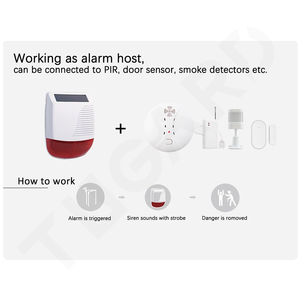 433mhz Strobe Solar Siren Outdoor Wireless Burglar Home Alarm System Kit Security Protection with Motion PIR Door Sensor Horn