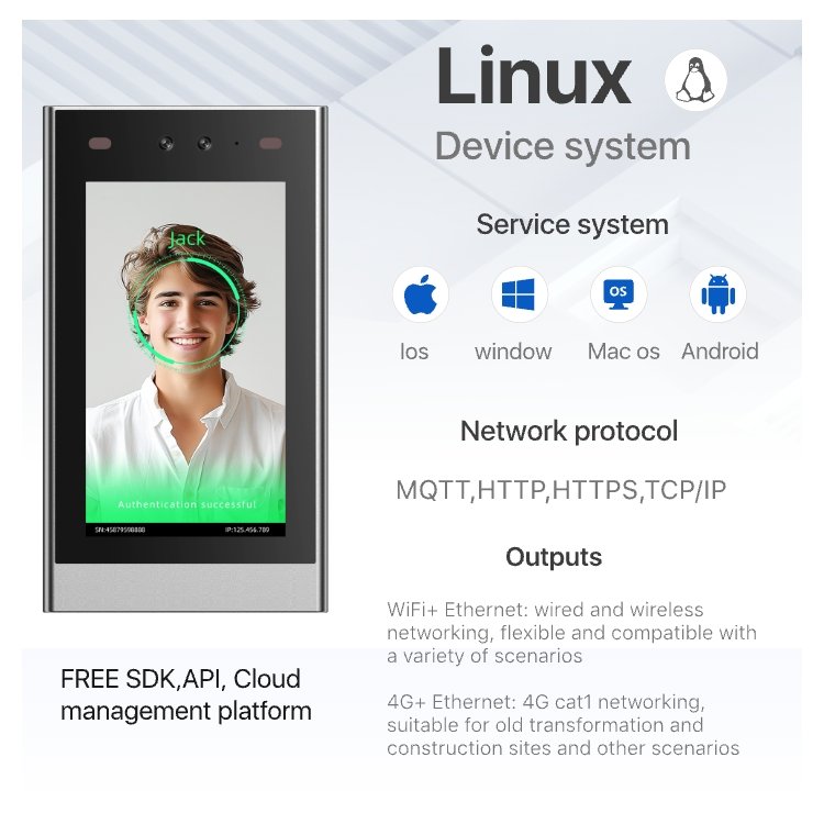 VF203 Linux operating system, local verification multiple communication methods such as RS485, Wiegand, WIFI and Ethernet.
