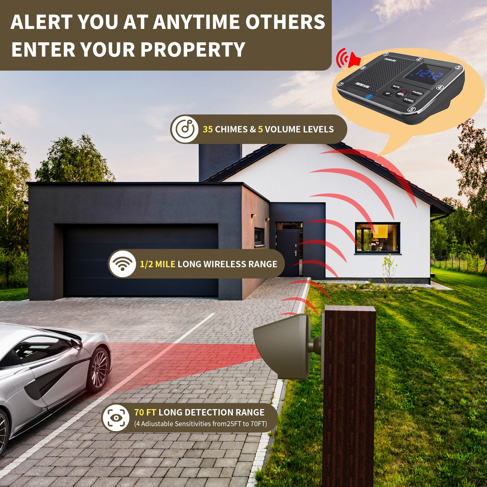 Waterproof PIR Motion Sensor long range security alert system,wireless outdoor driveway alarm home alarm security alarm system