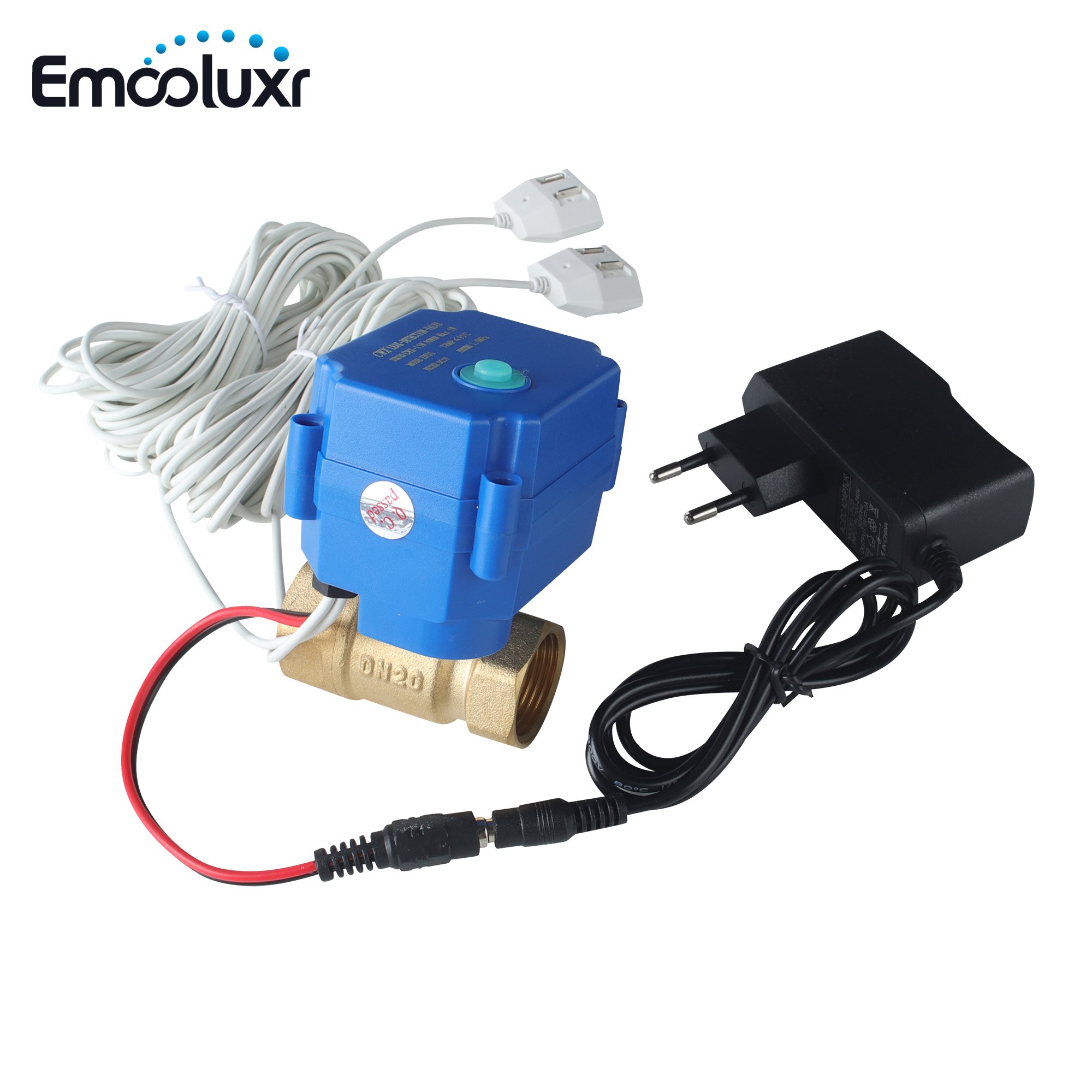 Water Pipe Smart Valve Leak Detector Protection System with 2pcs Water Sensor Cable for 3/4" Pipe Anti Overflow Protector