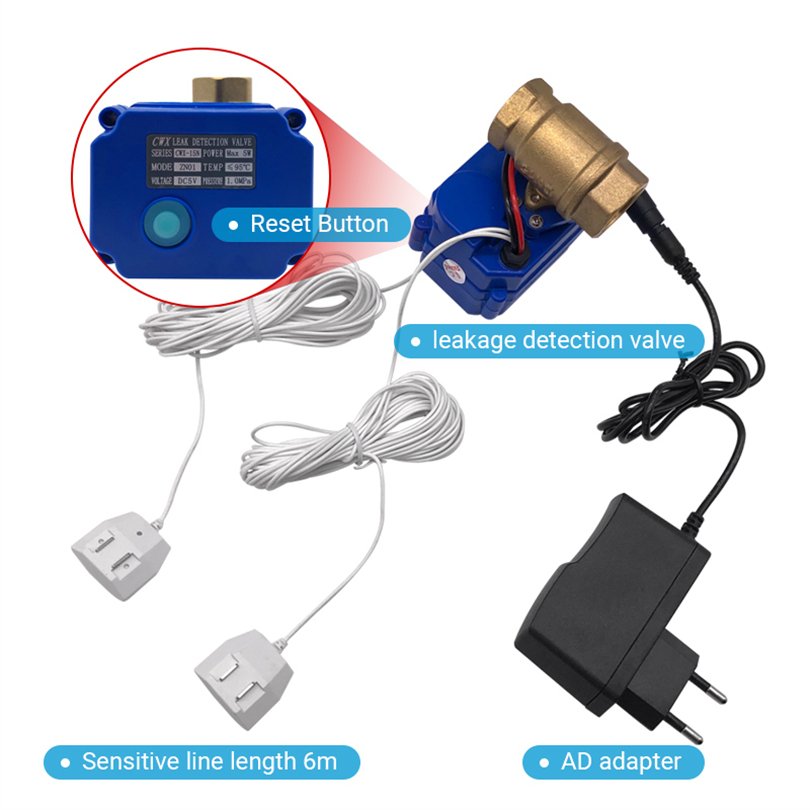 Water Pipe Smart Valve Leak Detector Protection System with 2pcs Water Sensor Cable for 3/4" Pipe Anti Overflow Protector