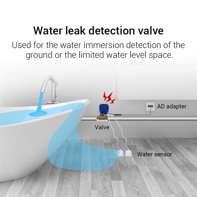 Water Pipe Smart Valve Leak Detector Protection System with 2pcs Water Sensor Cable for 3/4" Pipe Anti Overflow Protector