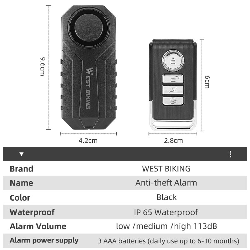 WEST BIKING Anti-Theft Alarm Remote Control Cycling Bicycle IP55 Waterproof 3 AAA Batteries 113db Loud Volume Alarm Bike Alarm