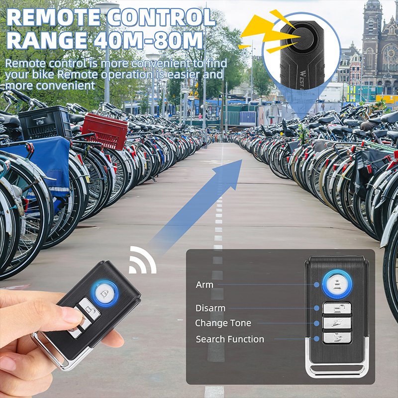 WEST BIKING Anti-Theft Alarm Remote Control Cycling Bicycle IP55 Waterproof 3 AAA Batteries 113db Loud Volume Alarm Bike Alarm