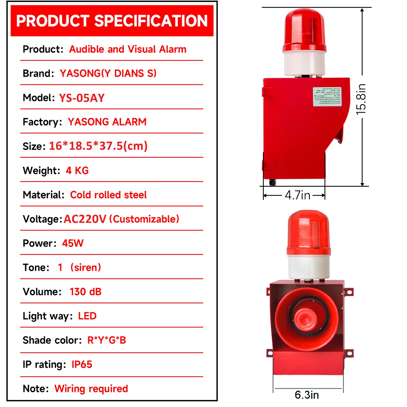 YASONG 500m Wireless Remote Contral alarm siren 130dB Shop security alarm LED Light 45W wireless alarm system for safety
