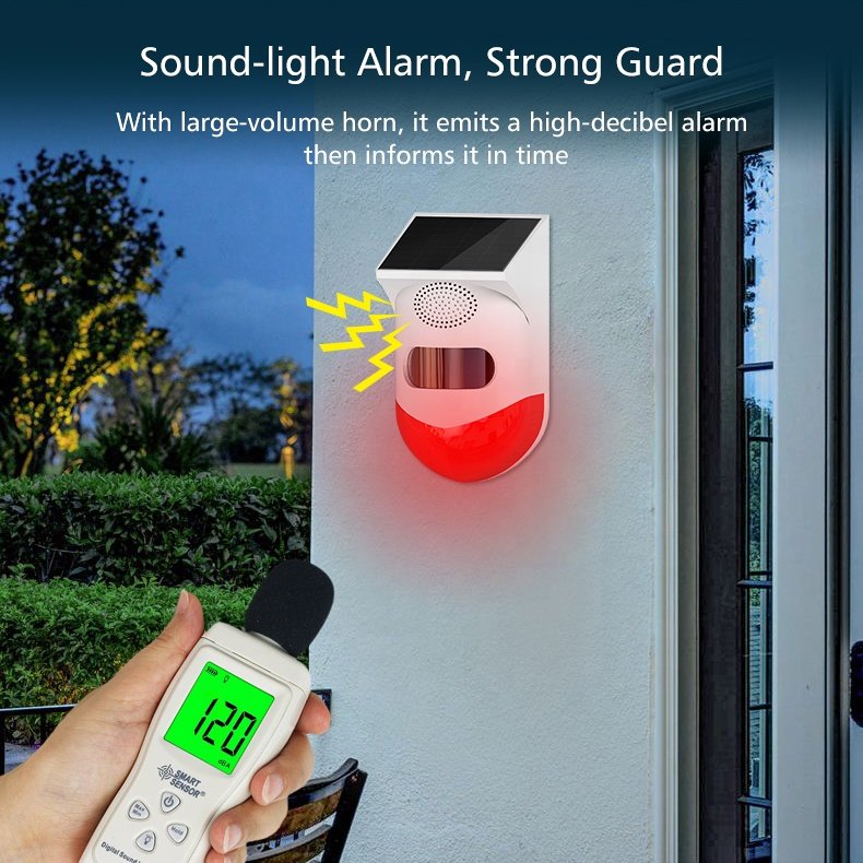 120dB Wireless 433MHz Waterproof Outdoor Solar Powered Strobe Siren PIR Motion Detector Alarm for Home Security System