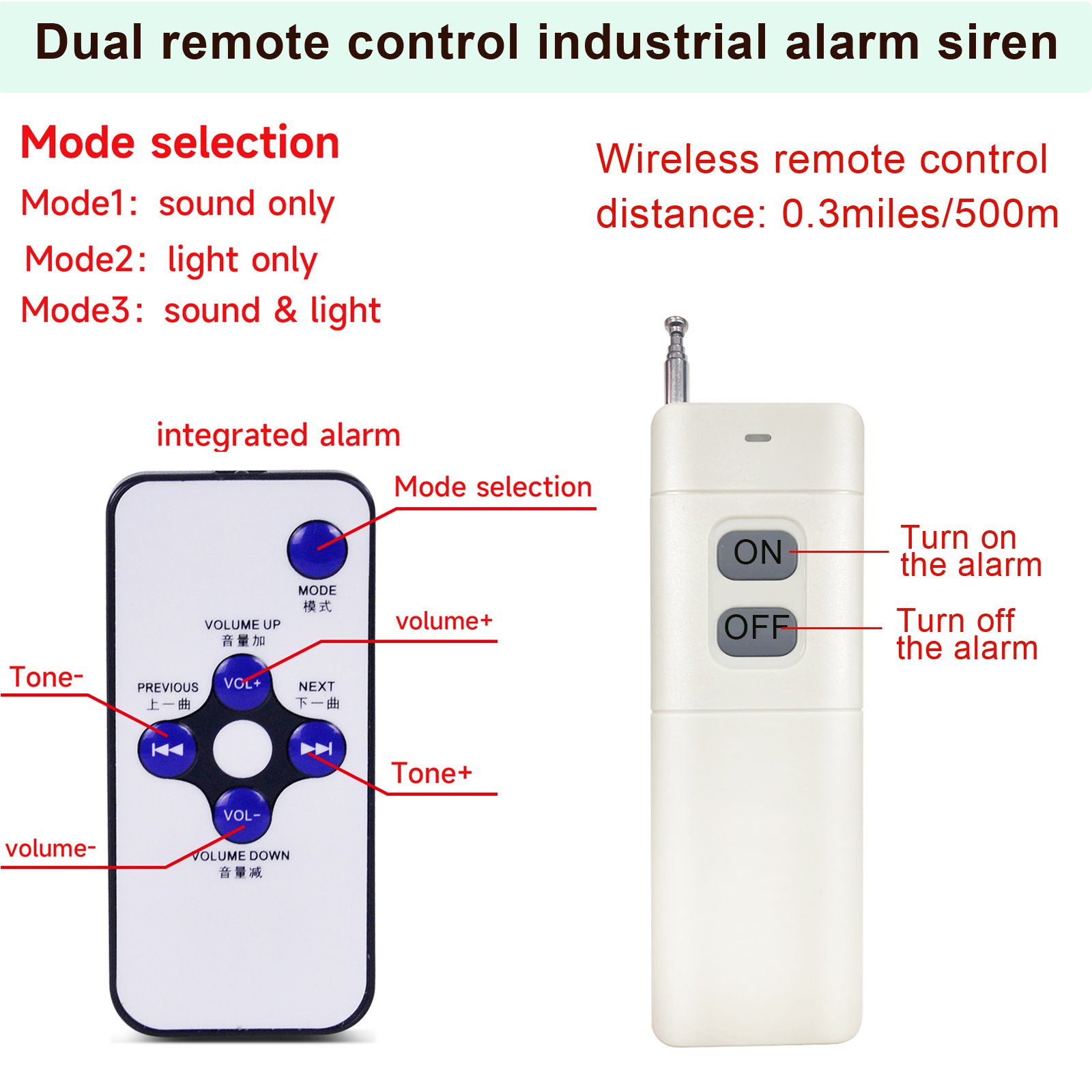 2000m/1.2mile IP65 Waterproof Dustproof Wireless Alarm System with 3 pcs Remote Control 120 dB Tone 9 Alarms Buzzers Sirens