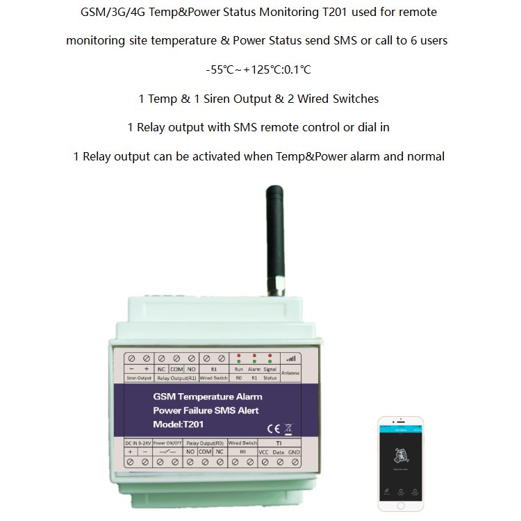 T201 GSM Temperature Alarm Power Status Monitoring Power Failure SMS Alarm Remote Relay Switch Access Controller