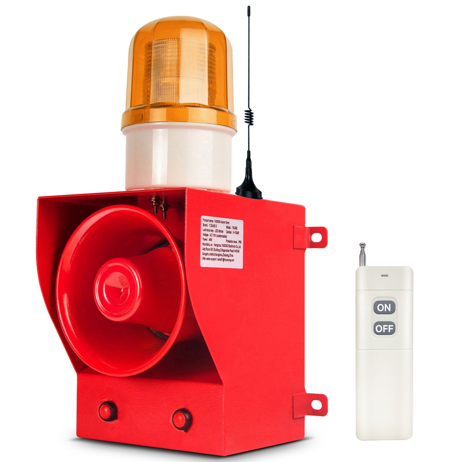 1.24mile/2000m Wireless Remote Control Alarm Siren System 45W 130dB Volume 9 Tones adjustable Audible and Visual security alarm