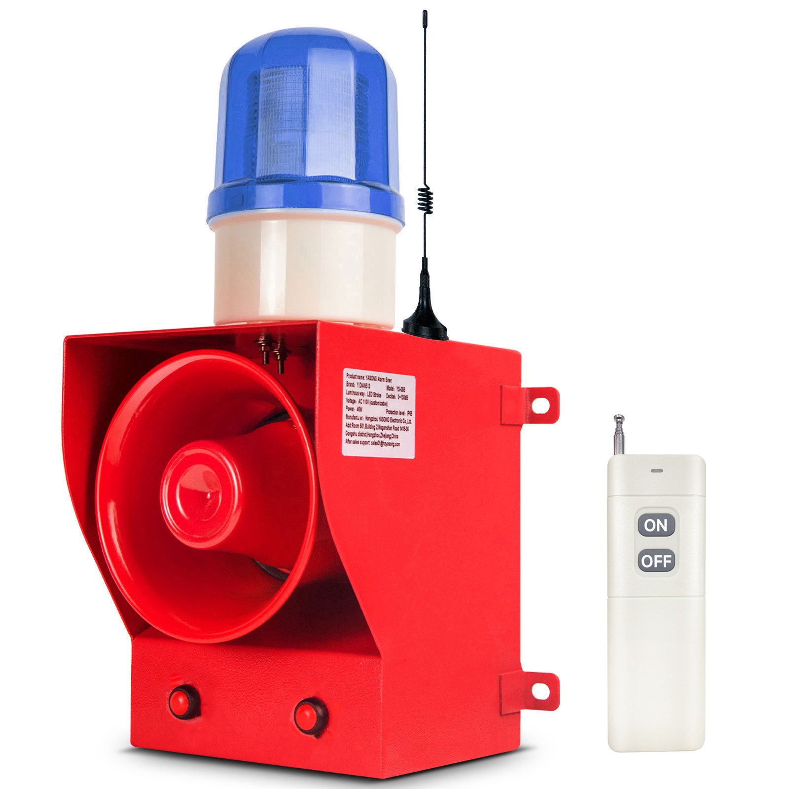 1.24mile/2000m Wireless Remote Control Alarm Siren System 45W 130dB Volume 9 Tones adjustable Audible and Visual security alarm