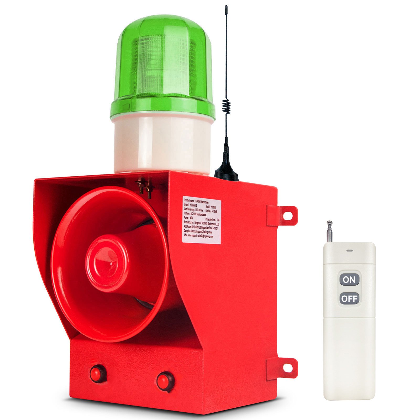 1.24mile/2000m Wireless Remote Control Alarm Siren System 45W 130dB Volume 9 Tones adjustable Audible and Visual security alarm