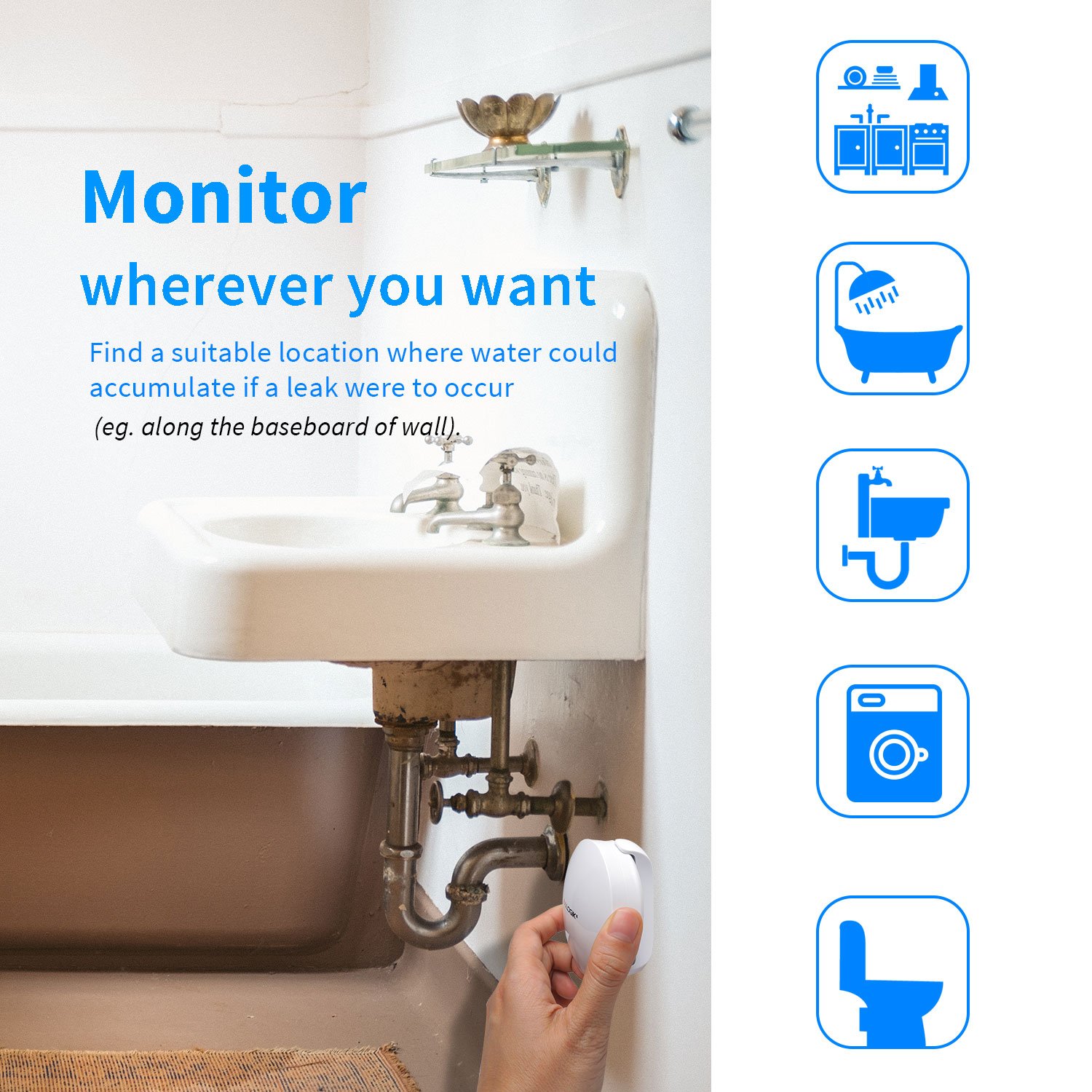 Z-wave Smart Water Leak Detector Monitor Water Flow Level Sensor Alert for Kitchen, Bathroom, Basement or Laundry Room