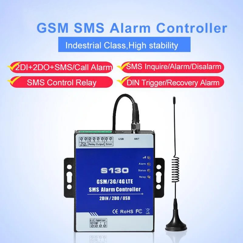GSM 2G Cellular RTU SMS Remote Controller S130 2DIN 2 Relay Outputs Fuel Tank Pump Automation Monitoring Alarm System