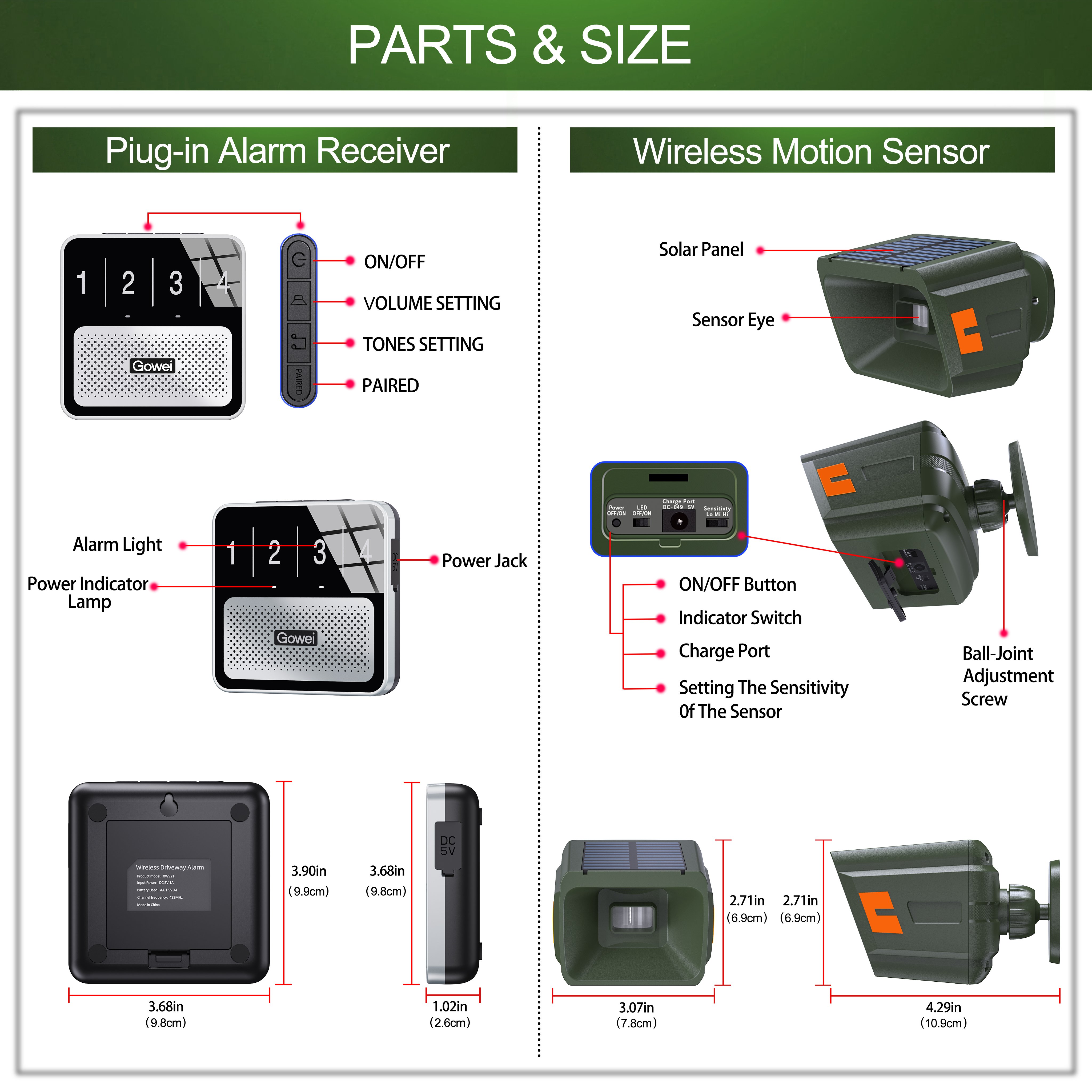 Solar Wireless Driveway Alarms Outdoor System Long Range Weatherproof Motion SensoDetector-1 Sensor + 1 Receiver