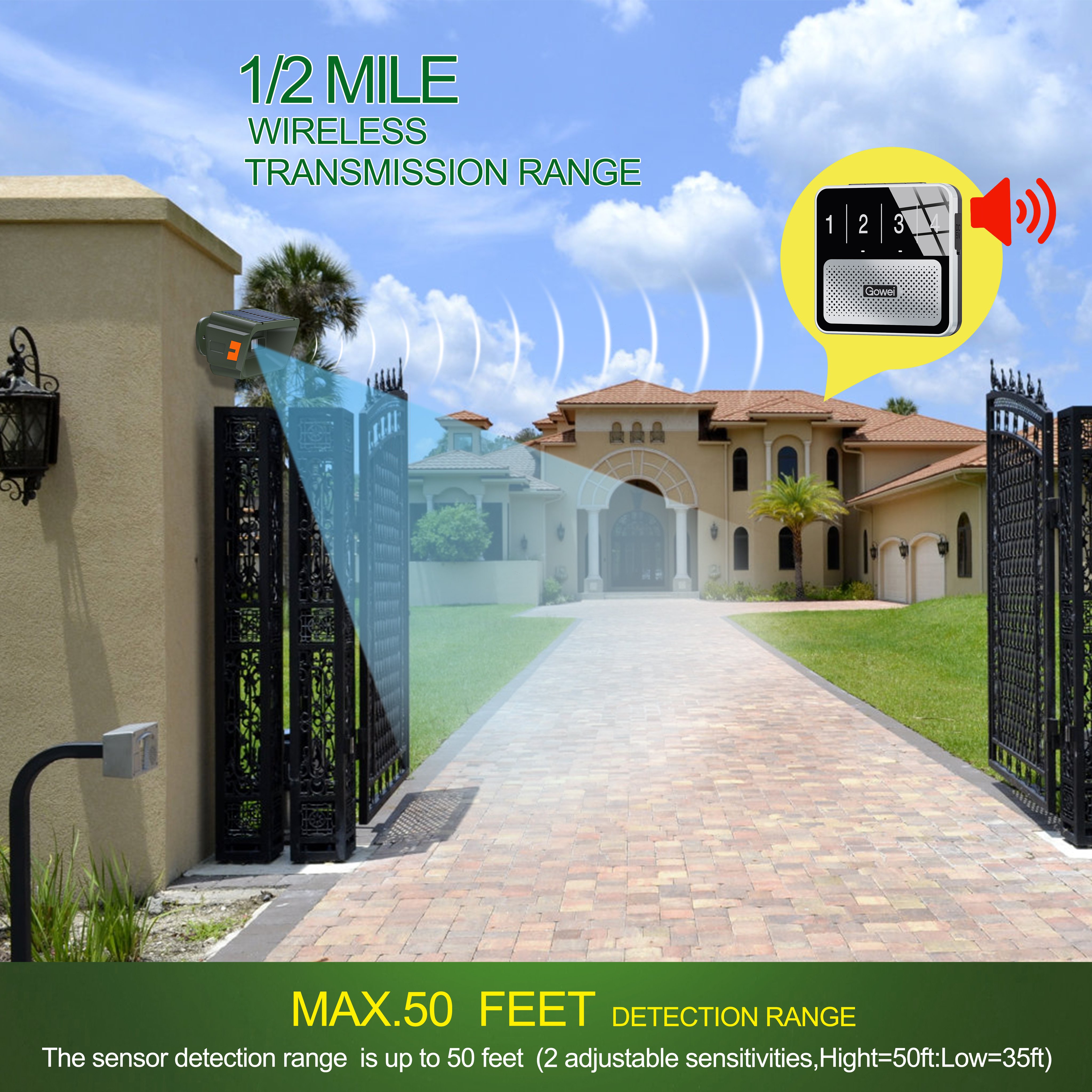 Solar Wireless Driveway Alarms Outdoor System Long Range Weatherproof Motion SensoDetector-1 Sensor + 1 Receiver