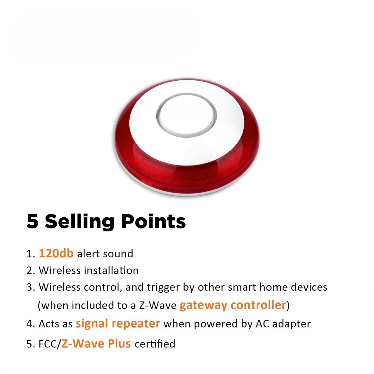 Z-Wave Wireless Strobe Siren with Sound AC110V App Remote Control ABS Material Door Sensor for Home Security and Automation