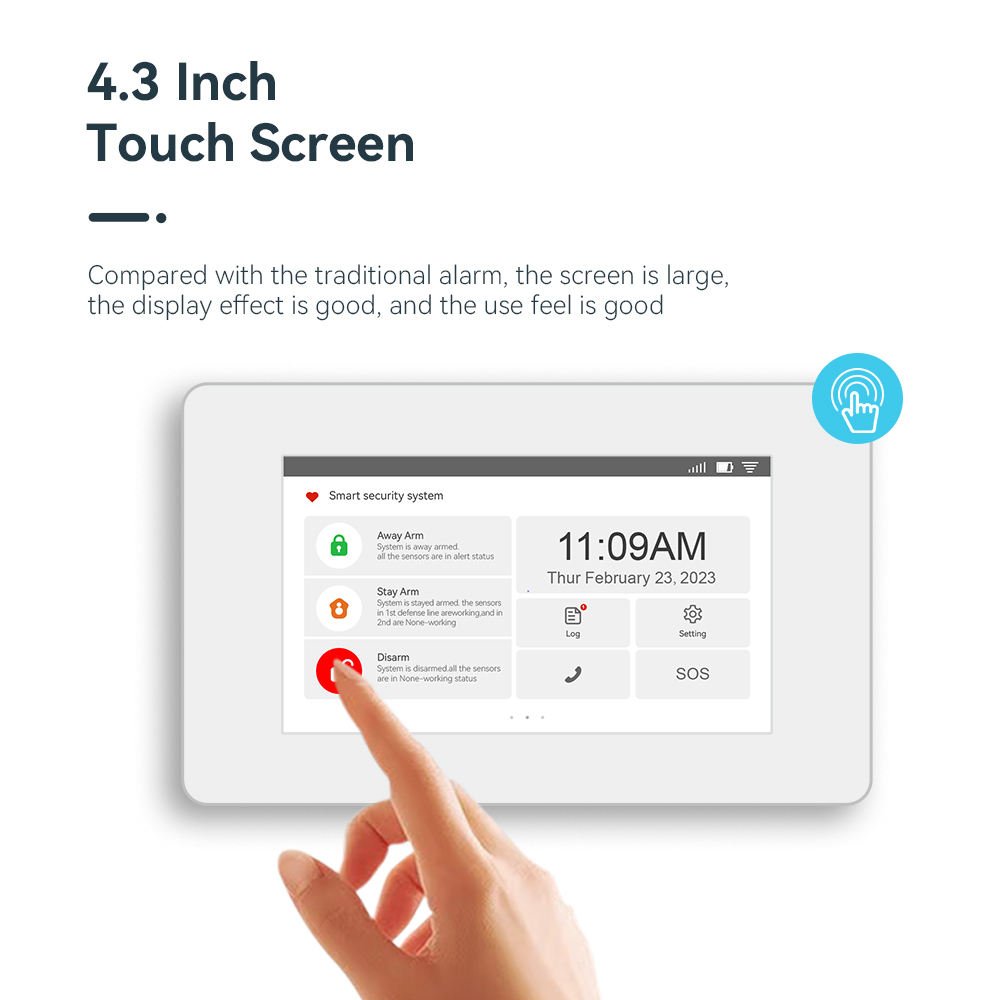 G1 Wifi GSM GPRS Dual Network Security Alarm System 4.3 Inch Touch Screen 4 Wired Zone 99 Wireless Zone Center Monitoring System