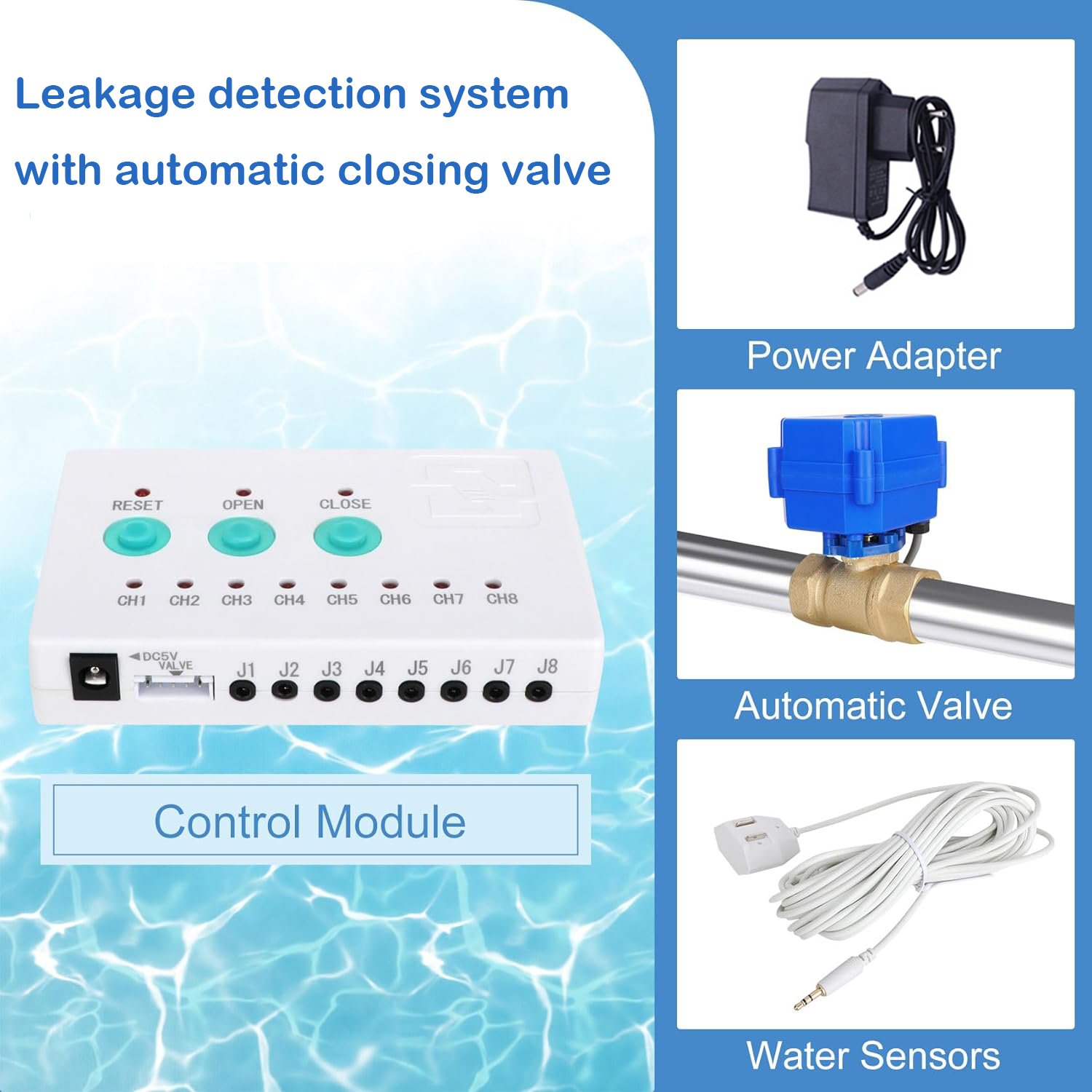 water detector with 2pcs 1" (DN25) motorized Brass Smart Valves 8pc 6-Meter Water Sensor Prevent Water Leakage for Home Security