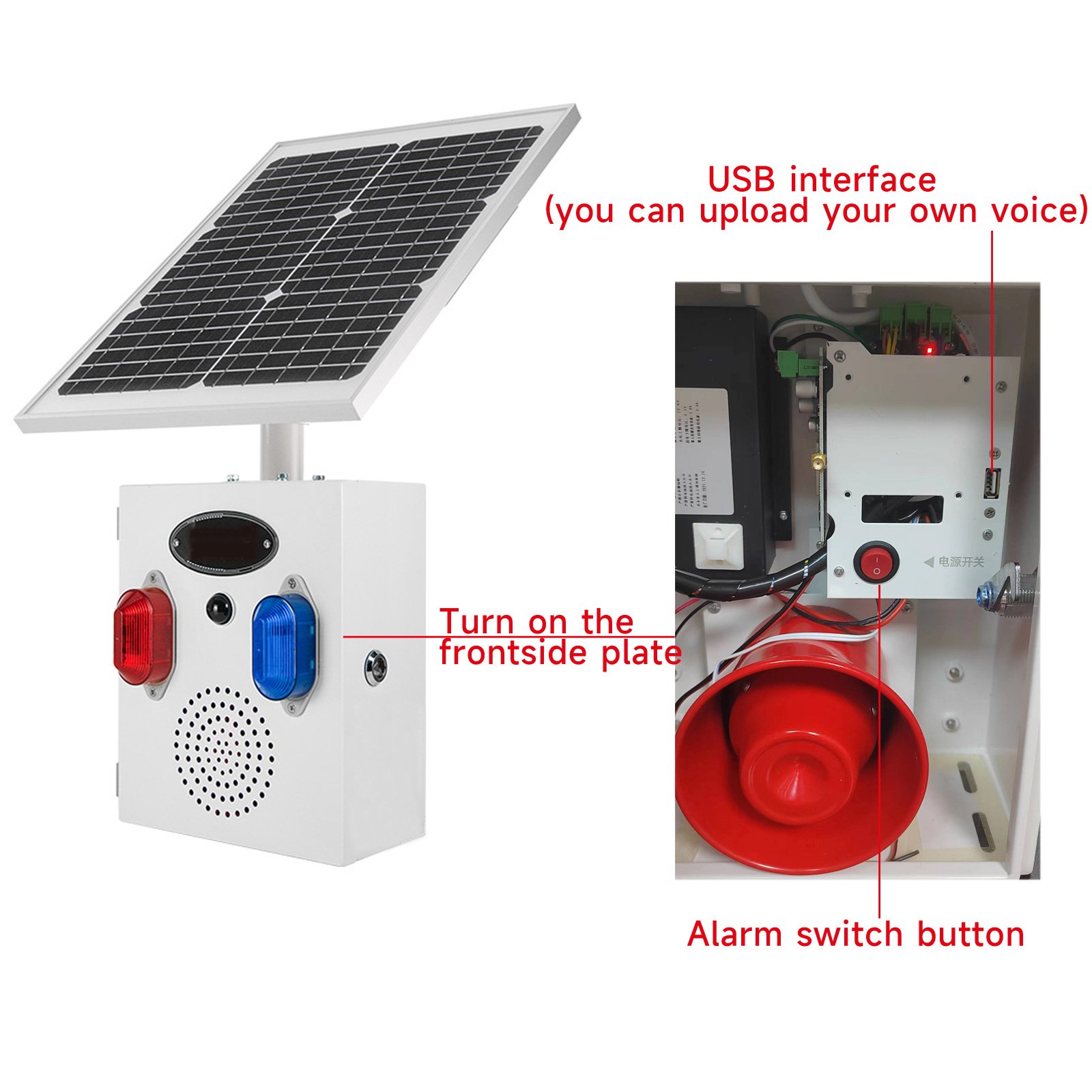 YASONG High Power Motion Sensor Outdoor Alarm 120dB Horn 17 Tonens Solar Sound Alarm System 3 working modes IP65 Security alarm