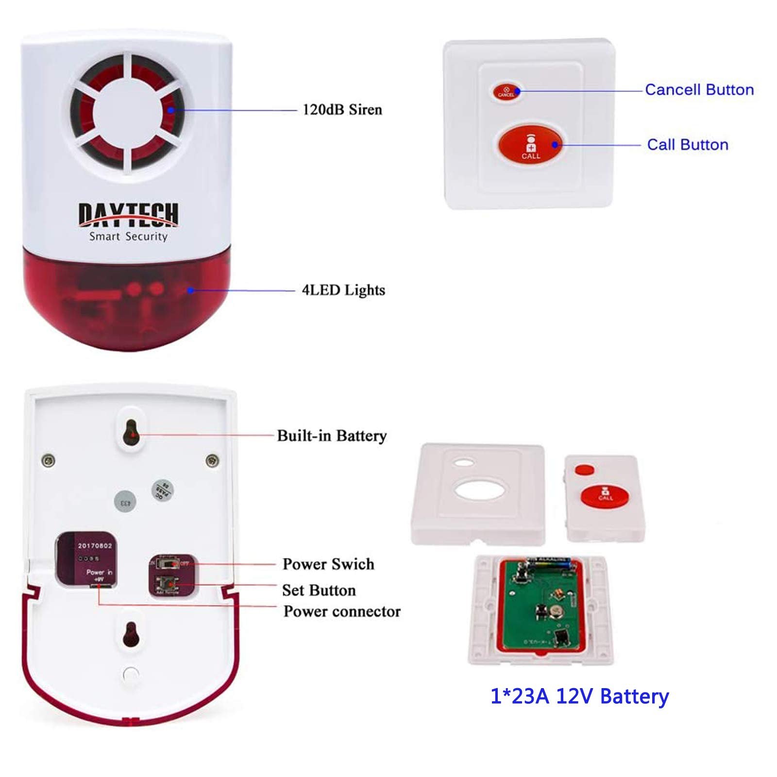 Daytech New 120db High Decibel Waterproof Strobe Wireless Outdoor Siren Call Alarm For Nursing Home Use