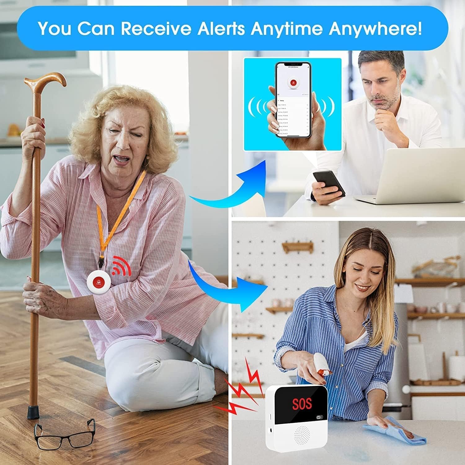 CallTou Wireless Caregiver Pager Call Button for Elderly Home Emergency Life Alert System with WiFi Connectivity