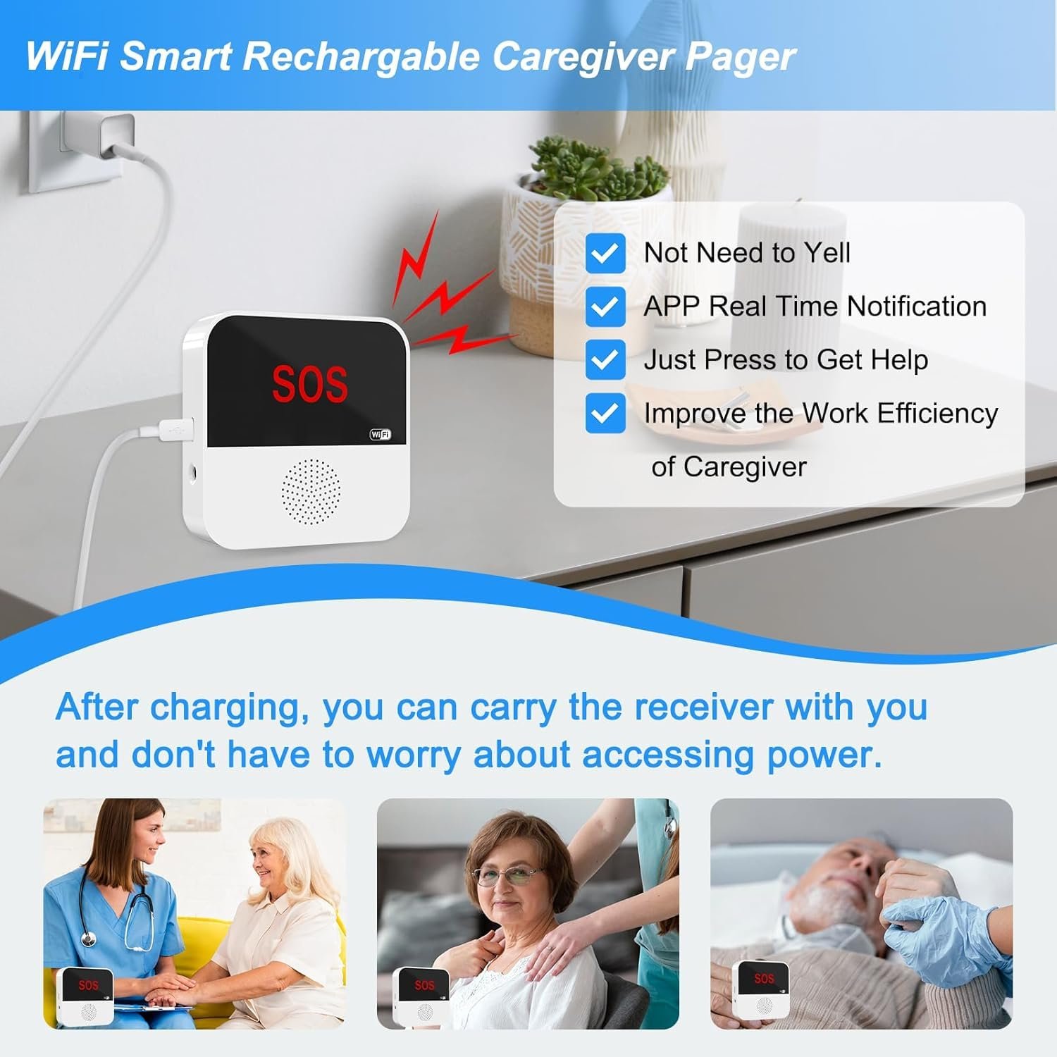 CallTou Wireless Caregiver Pager Call Button for Elderly Home Emergency Life Alert System with WiFi Connectivity